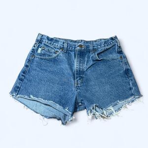 Carhartt Women's Blue Jean Shorts Leather Patch